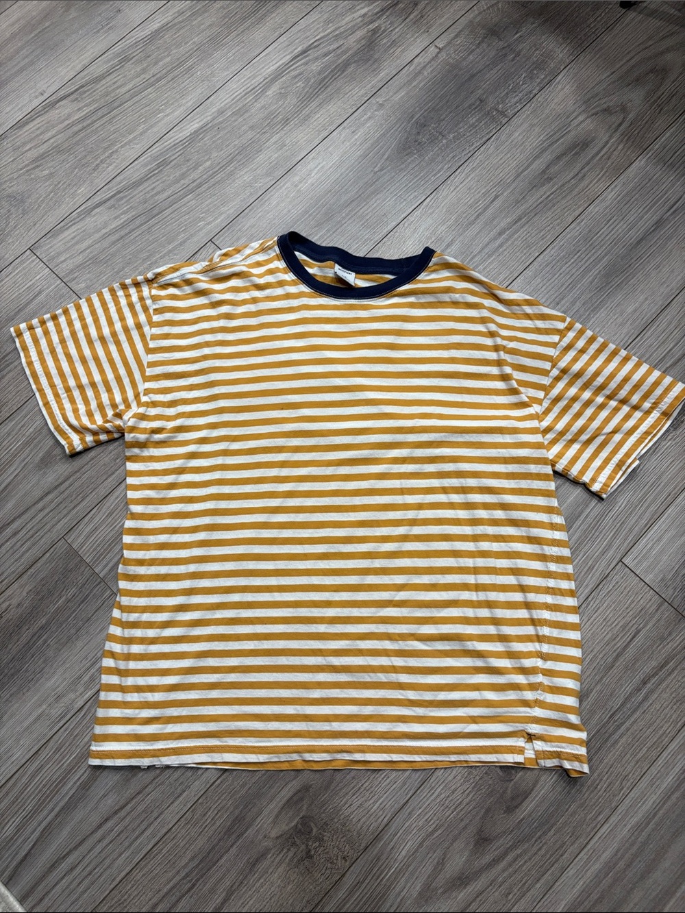 Urban Outfitters Yellow & White Striped Short-Sleeve Tee with Navy Neck
